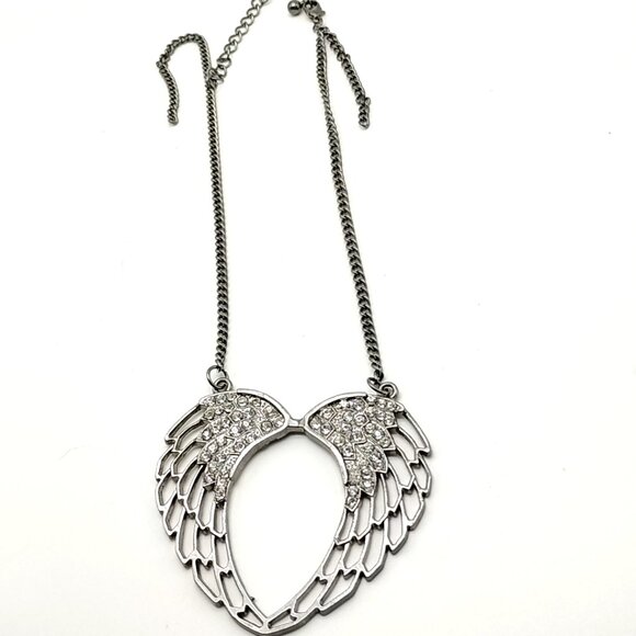 Rhinestone Angel Wing Open Heart Necklace Silver Tone Statement Pendant Chain - Picture 2 of 16